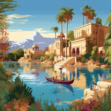 Envision an ancient Egyptian scene set along the banks of the Nile River, teeming with life and greenery. Illustrate lush vegetation, tall papyrus reeds, and colorful lotus flowers flourishing along the riverbanks. Depict bustling marketplaces, with merchants trading goods and people going about their daily activities in this vibrant and fertile oasis, isolated on white background, clipart