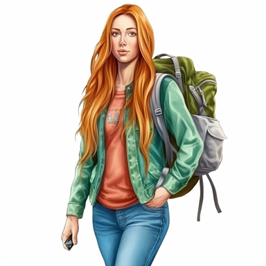 isolated illustration on a white background, a hyper realistic camping girl in a warm green outfit long ultra straight very natural looking long hair holding a backpack, Clipart, watercolor realistic and highly detailed, natural realistic warm rich colors
