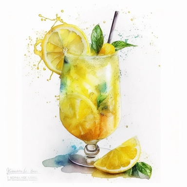 Watercolor one lemon cocktail Clipart, citrus lemon, vibrant color, high details, white background, no text