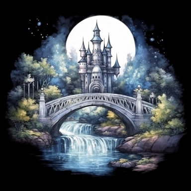 light watercolor Fantasy Castles night scenery on the moon in the garden forest with waterfalls and bridges realistic clipart on black background
