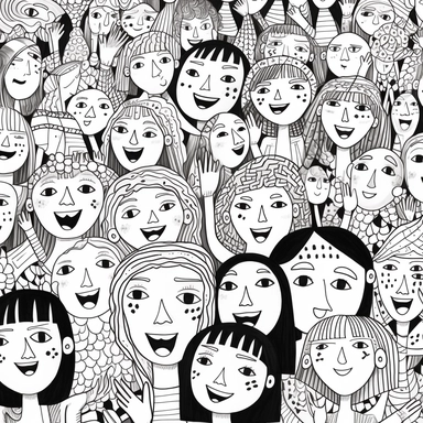 black and white coloring page for adults, lots of happy women , in the style of ominous vibe, monochromatic white figures, fine lines, creative commons attribution, wallpaper, childs drawing, animated exuberance, no shading, clipart