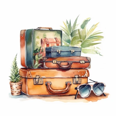 watercolor clipart simple plain luggage summer trip, white background