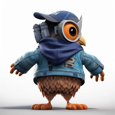 please create pixar style character clipart of an owl dressed like a rapper, back view with arms flexing