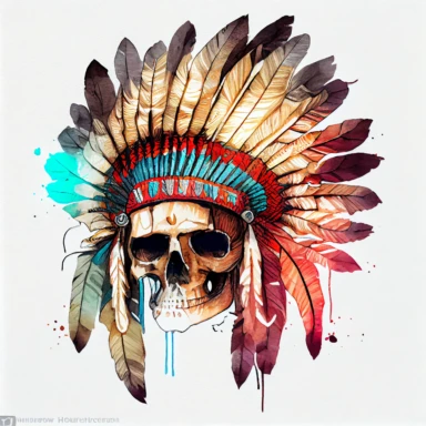 Hand Drawn Color Native American Indian Headdress With Human Skull Watercolor clipart