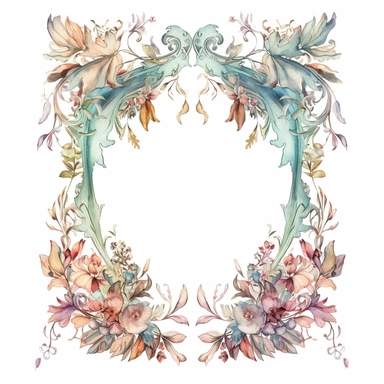 Enchanting Hand-Drawn Baroque Frames: A Whimsical, Floral Fantasy - Digital Clipart with Ornate Leaves and Delicate Watercolor Borders, isolated on a white background, single design, 4k