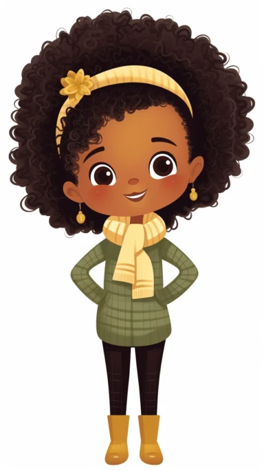 Meet an adorable clipart character, a little Black girl, radiating with individuality and beauty. This heartwarming illustration showcases her lovely hairstyle, cheerful expression, and trendy attire. The clipart style infuses the image with whimsy and joy, making it ideal for various creative endeavors such as crafts, invitations, and digital designs. The character is situated against a transparent background, offering easy placement and customization. The clipart is provided in high resolution