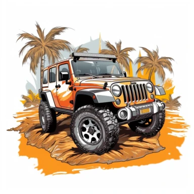 vector design, Jeep Wrangler on Beach, , Sublimation Clipart ,Cartoon,hyper realistic, intricate detail, illustration style,high solution,on the white background