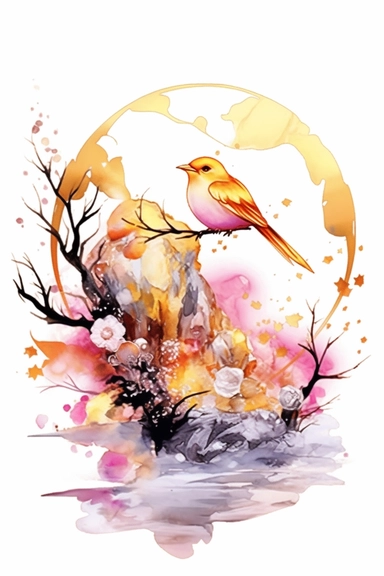 beautiful gorgeous alcohol ink of gold serene nature scene with a central focus on a pink icebird, gentle wave , minimalist style, crystals, glam, glossy, glitter texture, liquid ink clipart, modern and stylish design, bright colors, 300 dpi, clear decoration, clear white background, highly detailed digital art, 8k