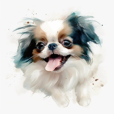 cute Japanese Chin dog portrait, full face, centered shot, side shot, dynamically posed, in action, playful mood, happy mood, playing mood, cute face, adorable smile, childlike eyes, clean watercolor illustration, white background, nursery baby imagery, painting, detailed, 8k, PNG, clipart,
