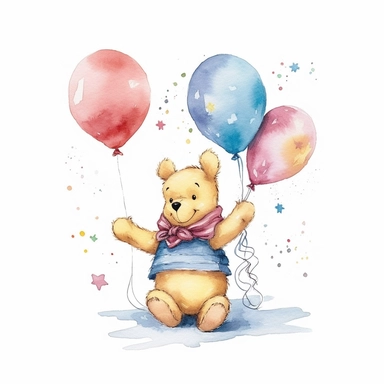 Winnie The Pooh Cartoon Watercolor, Cute Beautiful Cute Winnie the pooh characters Watercolor Sublimation Clipart, Birthday Party, Pooh is wearing Birthday Hat, Pooh is holding balloon clipart, Piglet Clipart, Cartoon, hyper realistic, intricate detail, illustration style, high solution, on the white background