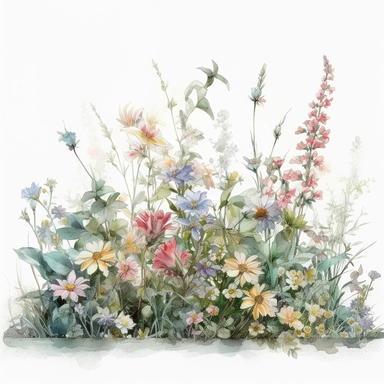 a simple gorgeous elegant flower border arrangement lining up with wildflowers and flowers, and green foliage on white background clipart, Soft and whimsical pastel shades like baby pink, mint green, and pale blue color theme, watercolor painting, oil painted, high quality, vibrant, Vicente Romero Redondo, Willem van Aelst, Elsa Beskow