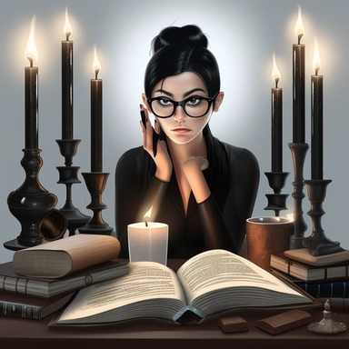 Clipart: A beautiful girl in dark academia style Description: The clipart features a girl with black hair pulled up, wearing black thin reading glasses and stylish clothes in dark academia style. She looks satisfied, relaxed, and intriguing with a detailed and realistic face. She is surrounded by candles and books on a reading table, set against a white background with a gothic cinematic dramatic atmosphere. The color palette consists of brown, beige, terracotta, blush, and warm watercolours. No