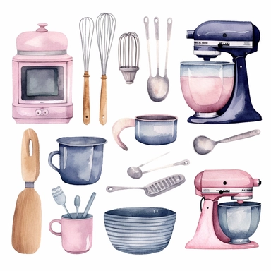 basic watercolor baking equipment in minimal hand drawn style, Etsy, textured, clipart, white background
