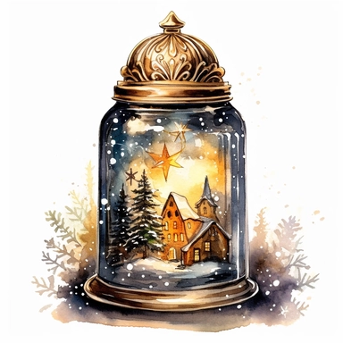 charming glass jar filled with Christmas magic and wonder, watercolour clipart, silver and gold colors, I can't believe how beautiful this is
