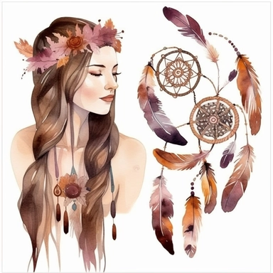 Watercolor Boho Fashion Clipart, Autumn Clipart, DIY Dreamcatcher, Boho Girl Illustration, Fall Fashion Clipart, Antlers, Feather, Bohemian