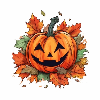 cute hand drawn png clip art color art of jack o’ lantern with fall leaves
