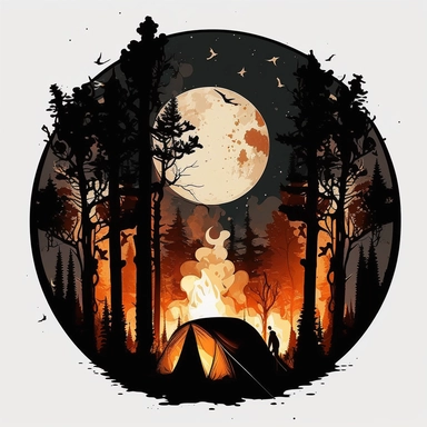 tent in woods, night time, moon, nature, clip art, illustration, clipart, camp fire, in a circle, white background