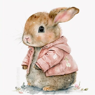 a cute watercolor clipart baby bunny wth cute hears and a pink jacket) inspired in rabbit from beatrix potter with white background