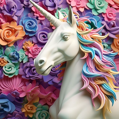 3d unicorn looks straight,clay,style by art nouveau,clipart,seamless pattern,floral,magical horn,colorful,3d render,vibrant color
