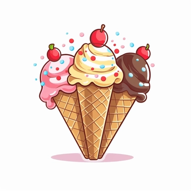Clip art, png, An ice cream cone, with three scoops of strawberry, vanilla and chocolate, with sprinkles, in a playful, cheerful style, moderately abstract, white background