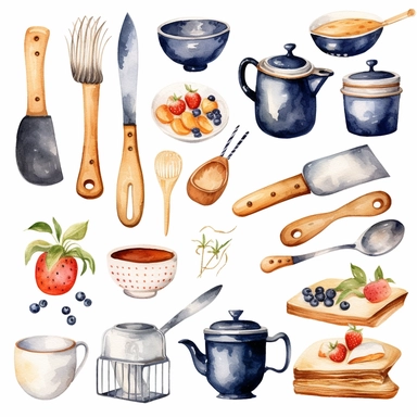 Watercolor kitchen utensils clipart for bakery decoration white background