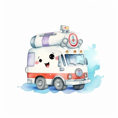 watercolor illustration of adorable cute Emergency vehicle kawaii, digital art, concept,art,8k,hd,kawaii,isolated,detailed,white backround, clipart