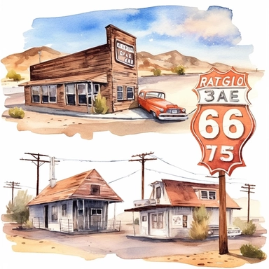 watercolor historic California Route 66 highway, illustration, clipart set, simple, , cartoon elements ,different variants , separate elements with a margin