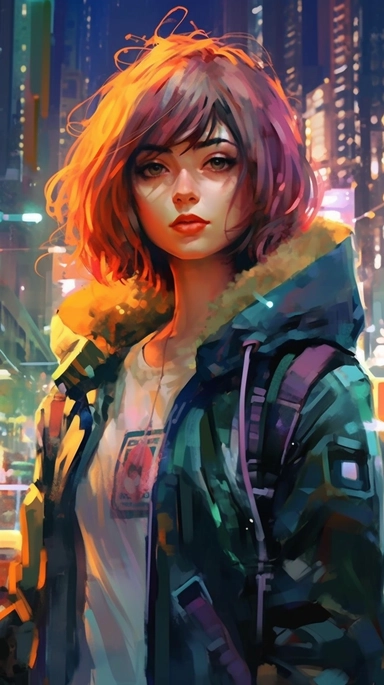 beautiful stunning pretty vintage cyberpunk anime girl, paint art style, clipart, city landscape background, superrealistic, one of a kind