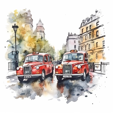watercolor london taxis in streets, illustrations clipart set, simple, , cartoon elements ,different variants , separate elements with a margin - @Lookfar (fast) Image