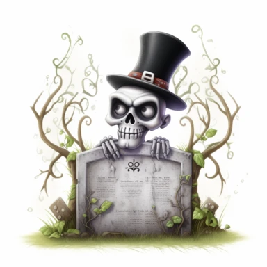 a cute baron samedi looking from behind a tombstone, mystical vines around, watercolour pencil style, magical, kids art, isolated on a white background, PNG file clipart style, Dennis Wojtkiewicz, Amanda Clark, Lowell Herrero,