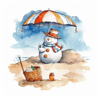 a cute snowman laying on the beach under an umberella, watercolor, clipart for a t-shirt, vector