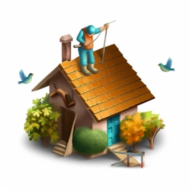 icon clipart diagram of a house with trees, flowers and a roofer working . Png with transparent background. For flyer design