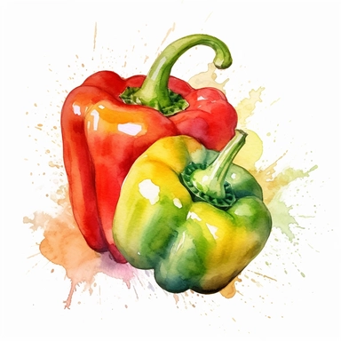 Watercolor clipart of Bell pepper capsicum in the style of ethereal watercolor washes, strong watercolor paper texture,intuitive ink washes , multi-layered, lith printing, havencore, texture-based, isolated on white background