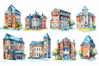 watercolor hospital clipart,multiple versions , hd, on white background, zoom out