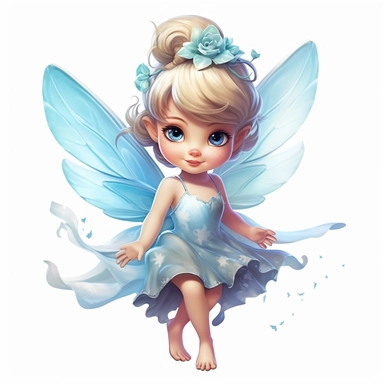 a beautiful happy baby fairy girl, blue flowered dress, blue eyes, highly detailed image, full body image, big wings, pixar style, clipart, white background,
