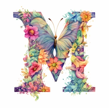 Pastel Color Beautiful Fairy Butterfly Flower Alphabet Letter  m  Watercolor Clipart, Cartoon, hyper realistic, intricate detail, illustration style, high solution, on the white background