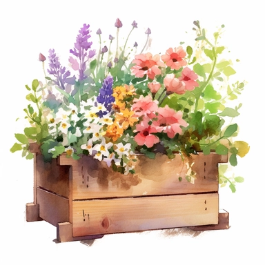 clipart, a watercolor painting of a wooden flower box filled with beautiful flowers and plants, in the style of yanjun cheng, colorful animations, rough clusters, clean and simple designs, leica cl, warm color palettes, colorful washes, white background--ar 34:33