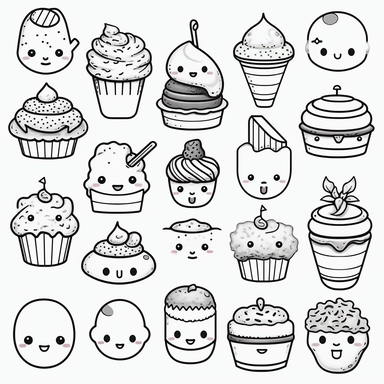 vector line art, Kawaii desserts clipart set - kawaii food - cute food - cakes - cupcake - donut - ice cream - pancake - croissant - cookie - nutella - Nursery clipart, black and white line art