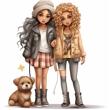 little girl best friend fashion illustration clipart, png file, hyper realistic, transparent background,high detail, 8k