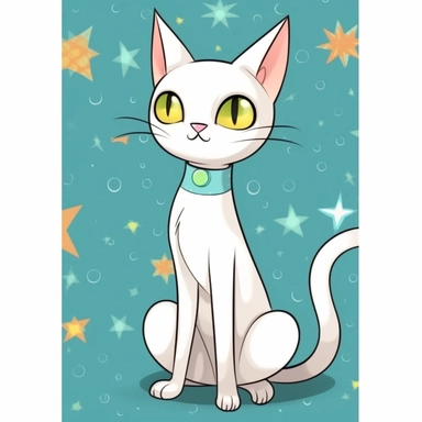 atomic white cat with greenish yellow eyes and brown and orange patches of fur above eyes, very light pink nose, full body, smiling, long neck, cartoon, simple, clipart style, atomic stars surrounding her