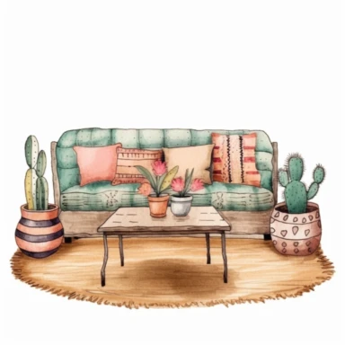 hand drawn watercolor , boho style ,living room,boho Coffee table, boho style details, boho colors, clipart, single object,png, sublimation, white background for removing background - - no text shadow font watermark