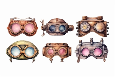 6 watercolour steampunk vintage goggles clipart, hd, isolated on white background, spaced out