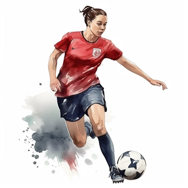 Watercolour of a female footballer , Clipart,Cartoon,hyper realistic, intricate detail isolated on a white background, high quality, sublimation, detailed, cartoon style