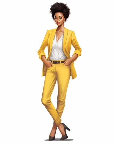 Extremely realistic digital illustration clipart, vector art of ultra beautiful African American women with bronze skin, professional entrepreneur with beautiful black hair in messy bun, dressed in Yellow and white business suit of the year 2023, standing in the center of an office on a white background ad type clipart