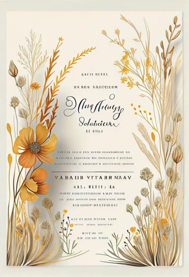 beautiful, intricate, sharp focus,wedding invitation, light yellow, tan, and light orange flowers, boho wedding invitation, dried grasses, show entire invitation, no border, clipart, on white background, flat lay, extreme detail, wedding invitation,