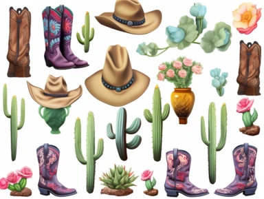 clip art print cactus, flower, cowboy boots, cowgirl boots cowboy boots vector clipart, in the style of romanticized realism, pastel academia, dye-transfer, jessie arms botke, rubén maya