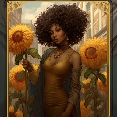 6 of wands tarot card, woman holding 6 sunflowers, liberty scale , year 2035, beautiful curly hair, busy street , realistic, fantasy clip art