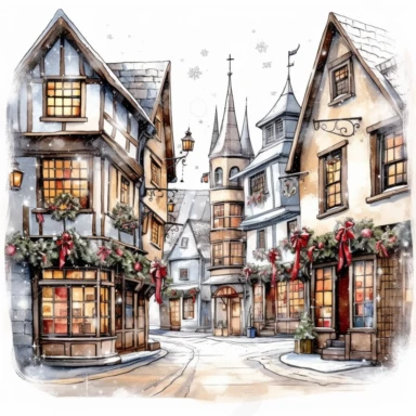 beautiful old town Christmas Clipart , style by Lucy Fleming, watercolor, smooth gradients, black contour outline, ultra detailed, clipart elements, delicate pastel colors, solid white background, super clear, high quality