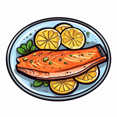 top view of a dish of Grilled Salmon with Citrus Glaze on a round plate, cartoon clipart, vector, white background cartoon doodle line, thick outline, low detail, cute