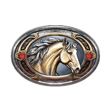Oval western belt buckle in silver and gold with Horse Head print, watercolor, clipart, illustration, white background, digital painting, paper crafting, no signature, no text